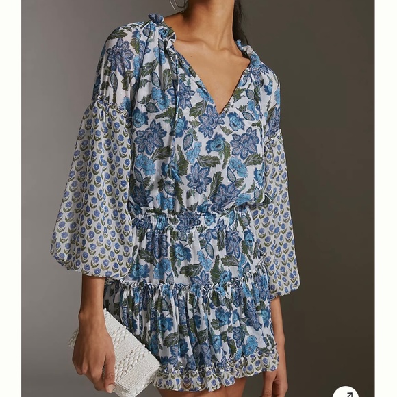 MISA V-Neck Mini Dress in Blue Motif NWT S - Picture 1 of 6